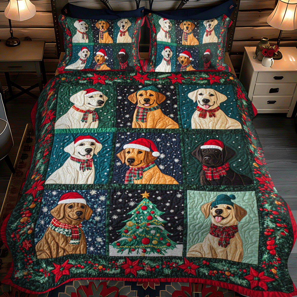 Christmas Themed Labrador 3-Piece Quilted Bedding Set