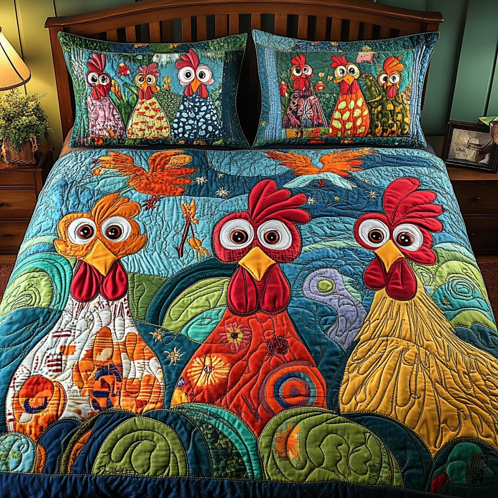 Cluck Charm 3-Piece Quilted Bedding Set
