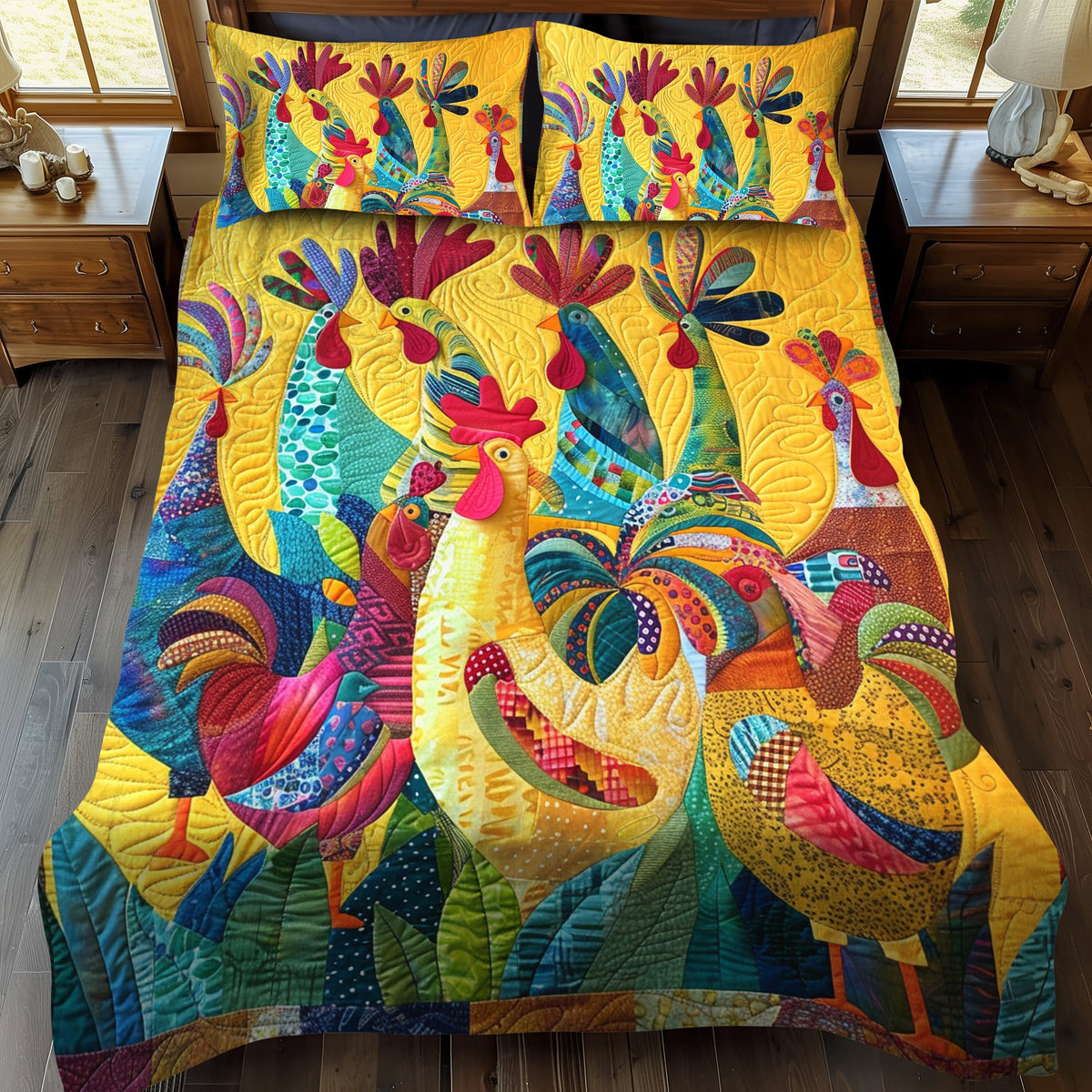 Colorful Cockcrow 3-Piece Quilted Bedding Set