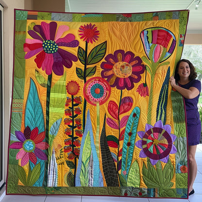 Colorful Flower Fields Quilted Blanket