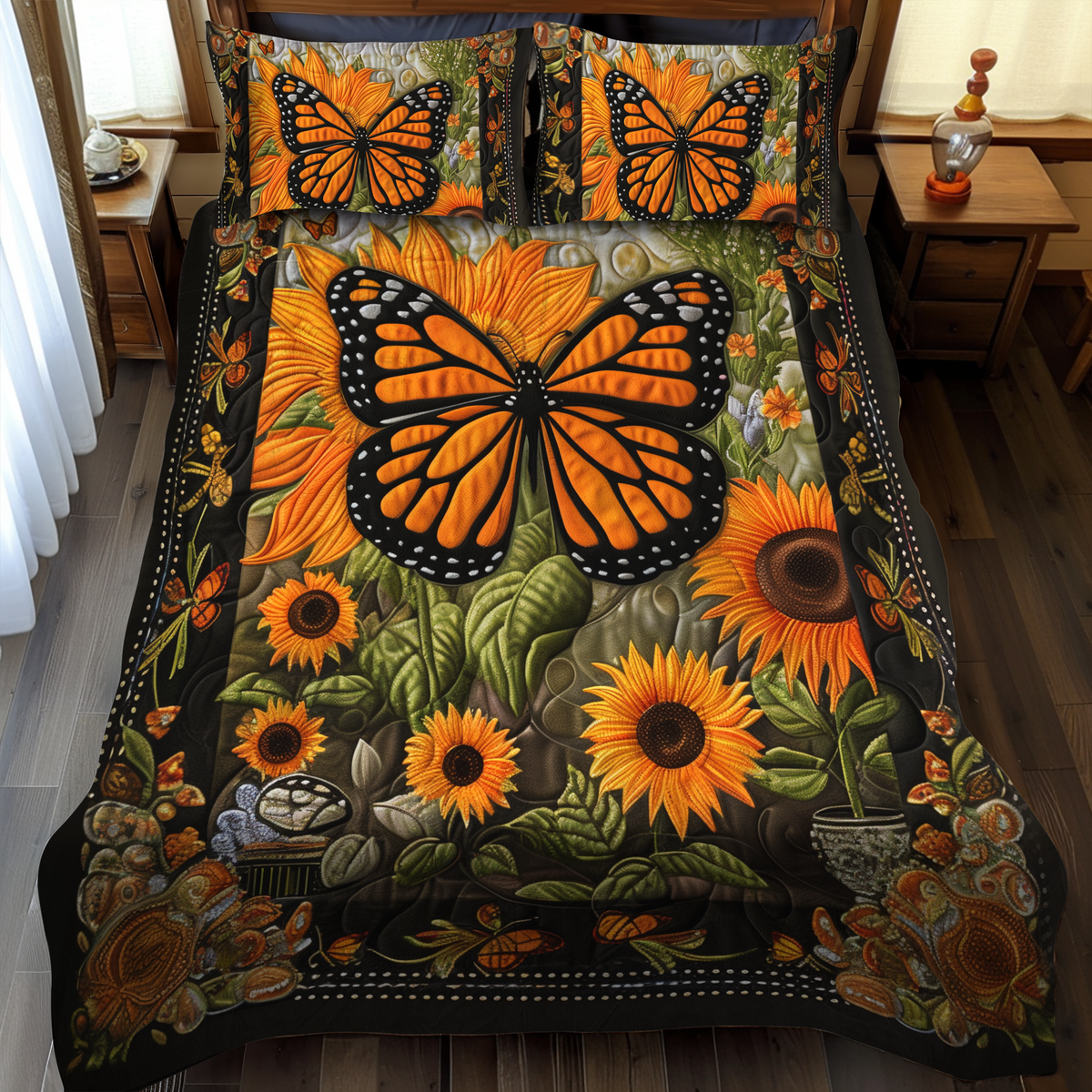 Colorful Monarch Butterflies 3-Piece Quilted Bedding Set