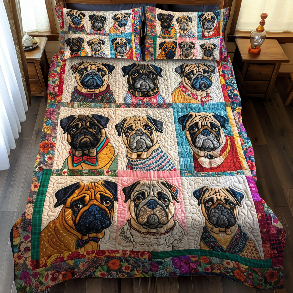 Colorful Pugs 3-Piece Quilted Bedding Set