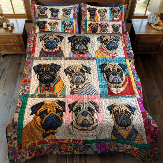 Colorful Pugs 3-Piece Quilted Bedding Set