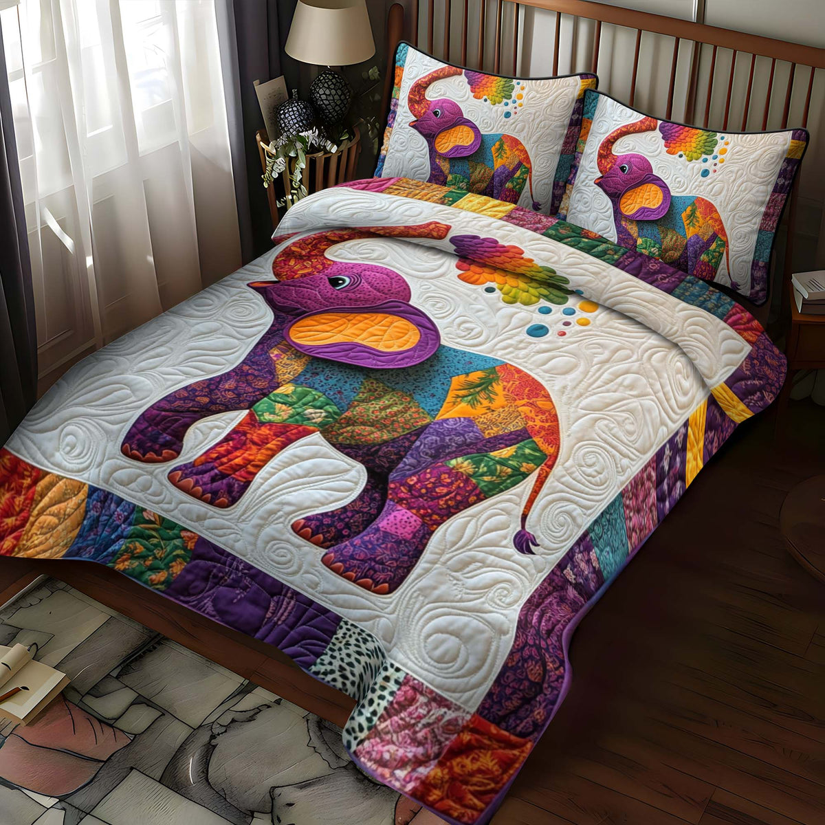 Colorful Elephant 3-Piece Quilted Bedding Set