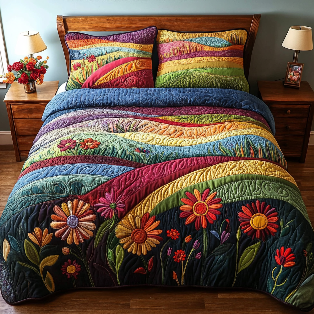 Colorful Flower Field 3-Piece Quilted Bedding Set