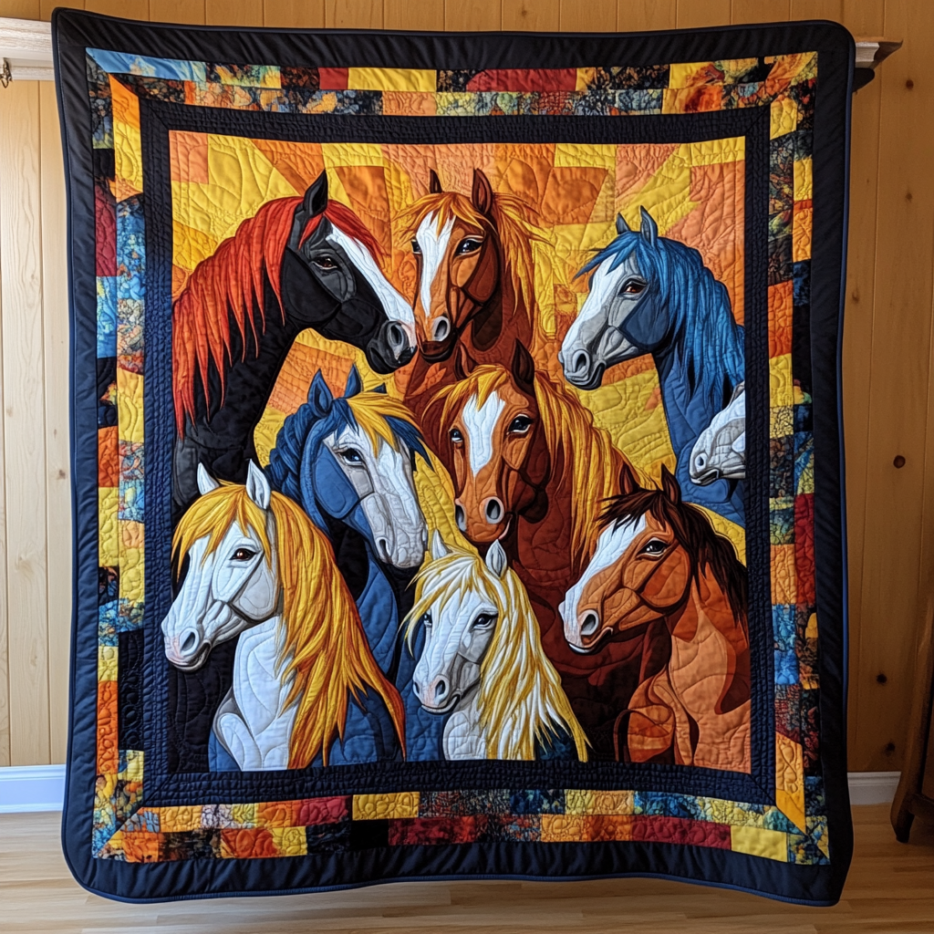 Colorful Wild Horse Quilted Blanket