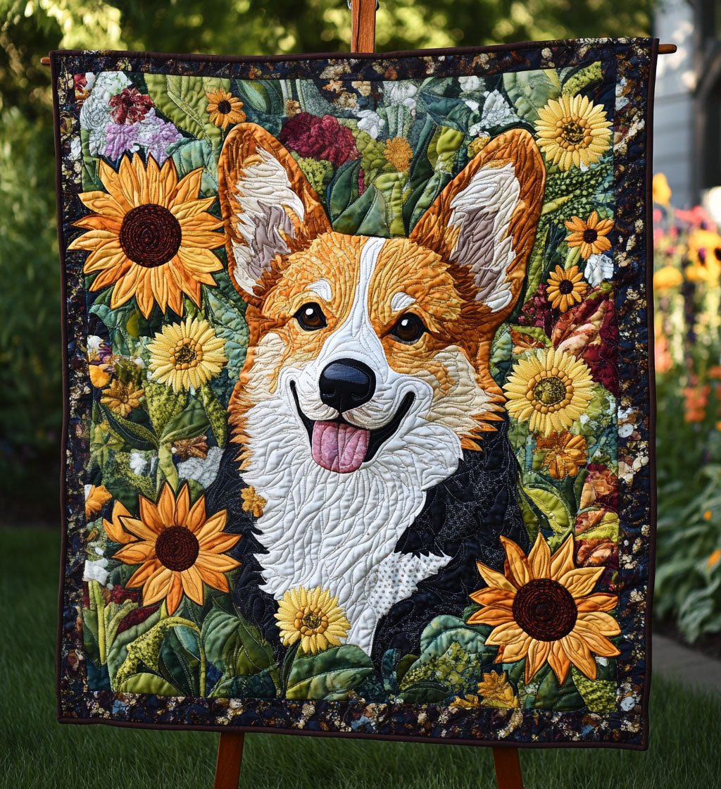 Corgi Garden Joy Quilted Blanket