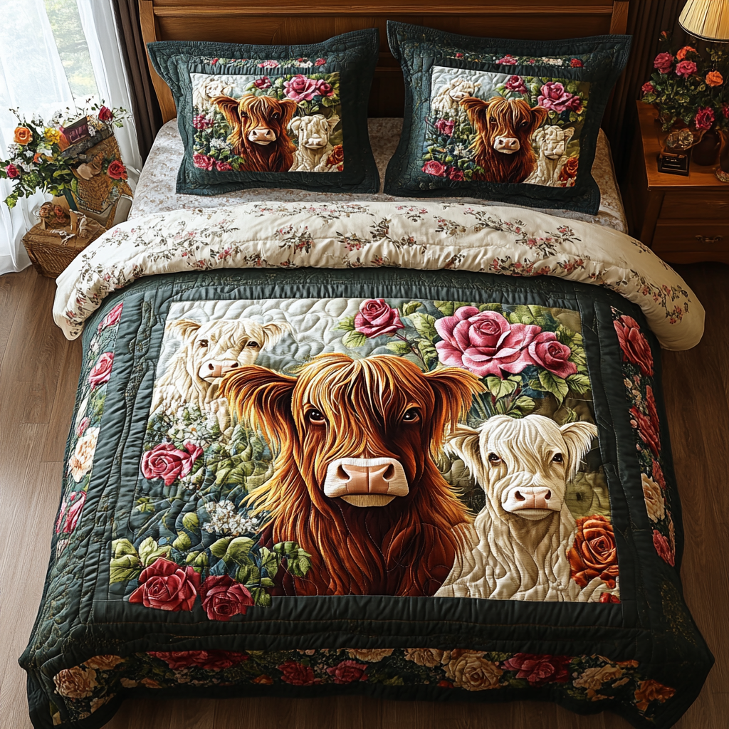 Highland Cow 3-Piece Quilted Bedding Set