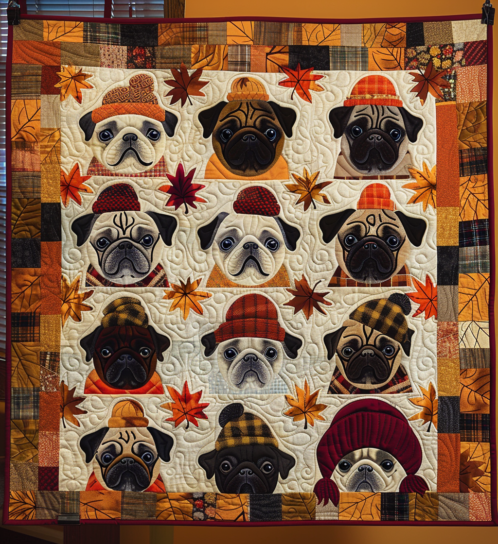 Cozy Pug Gathering Quilted Blanket
