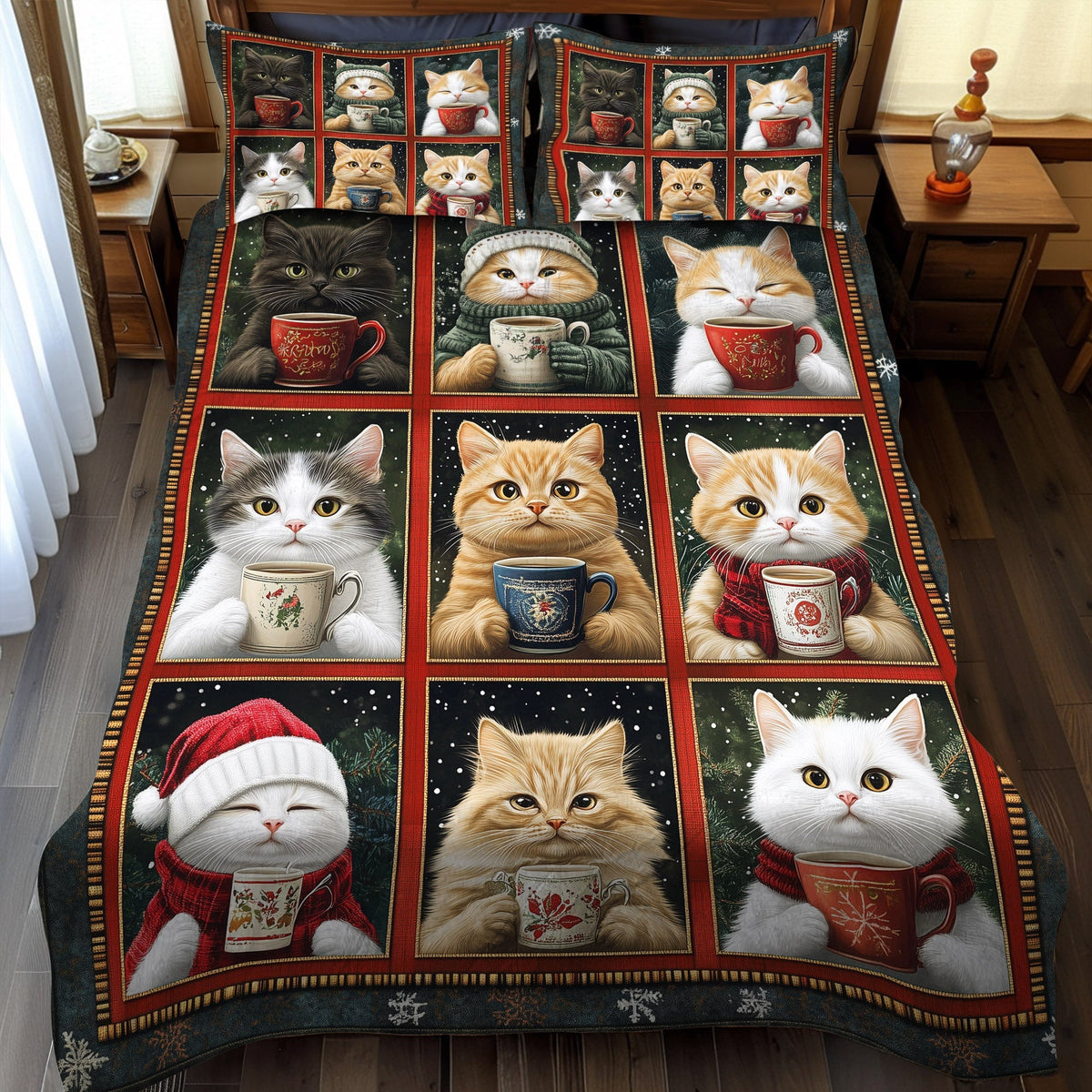 Cozy Christmas Cats 3-Piece Quilted Bedding Set