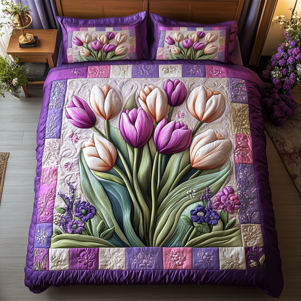 Cozy Tulips 3-Piece Quilted Bedding Set