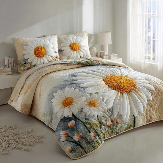 Cream Daisies 3-Piece Quilted Bedding Set