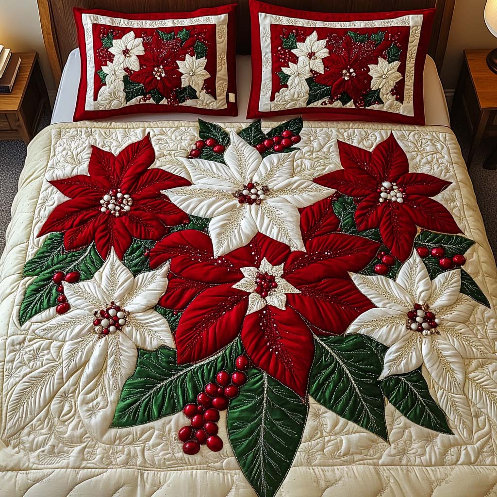 Crimson Blooms 3-Piece Quilted Bedding Set