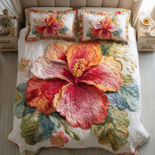 Crimson Hibiscus 3-Piece Quilted Bedding Set
