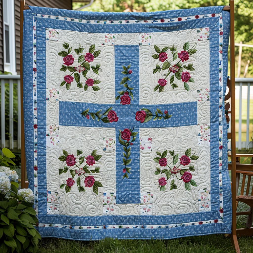 Cross And Roses Quilted Blanket