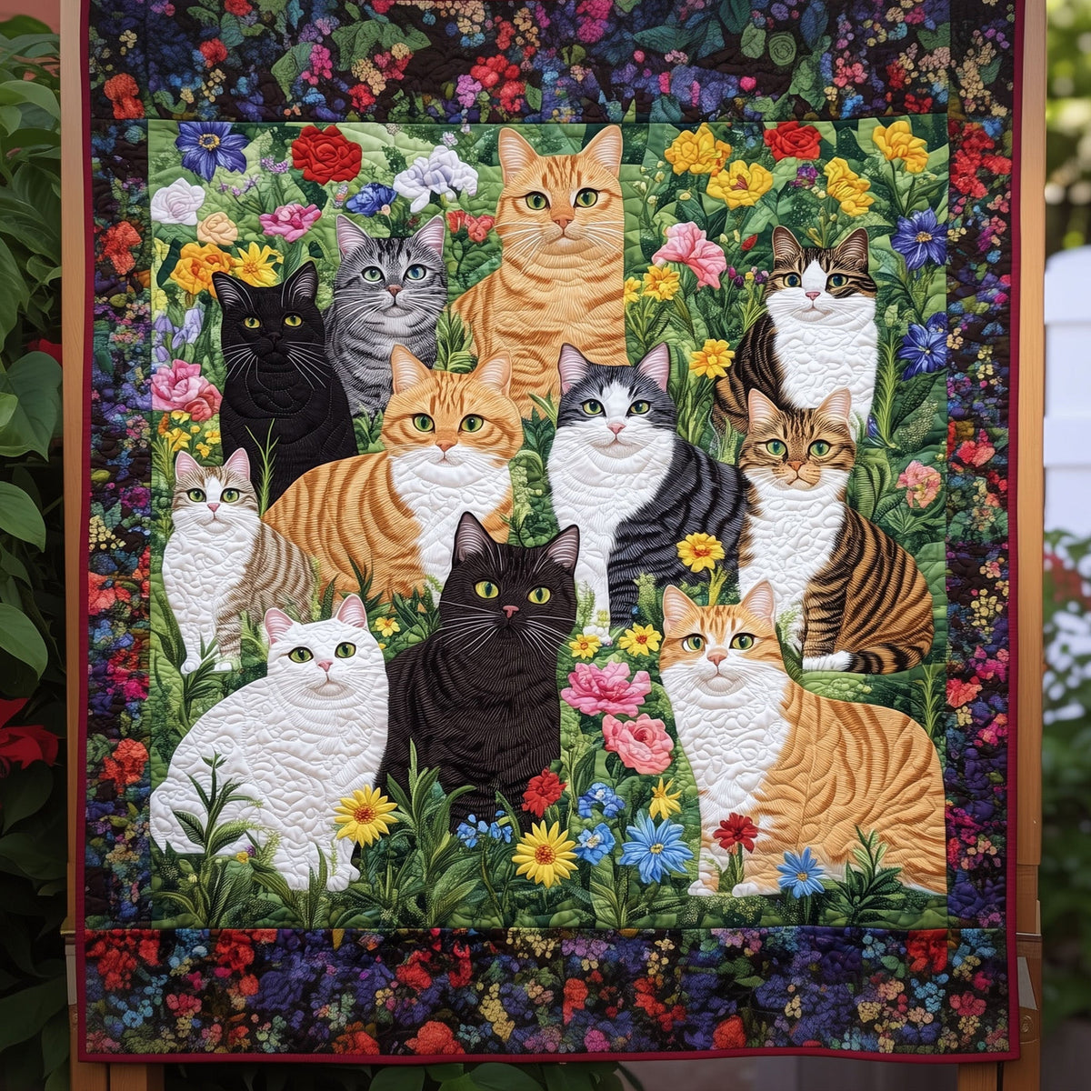 Curious Cats Gathering Quilted Blanket