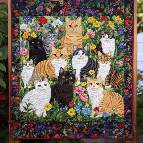 Curious Cats Gathering Quilted Blanket
