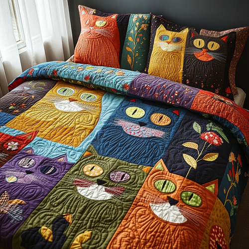 Curious Whiskers 3-Piece Quilted Bedding Set