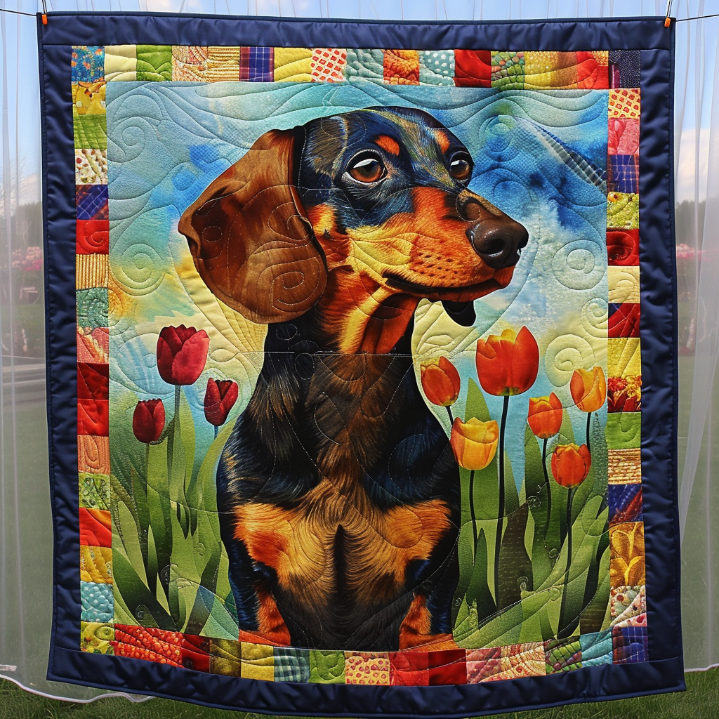 Dachshund Meadow Quilted Blanket