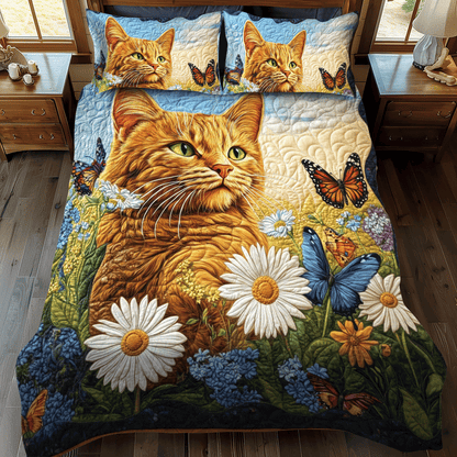 Daisy Butterflies Cat 3-Piece Quilted Bedding Set