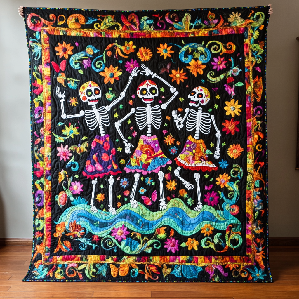 Dancing Skeleton Floral Quilted Blanket