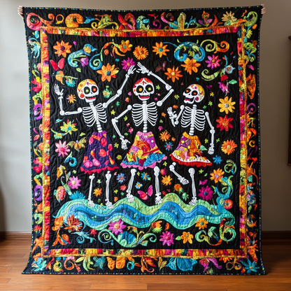 Dancing Skeleton Floral Quilted Blanket
