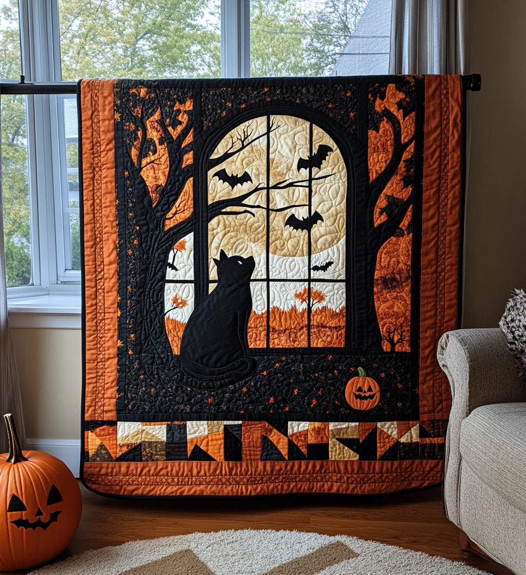 Dark Feline Night Quilted Blanket