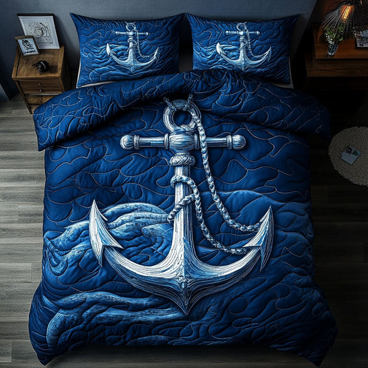 Deep Blue Anchor 3-Piece Quilted Bedding Set