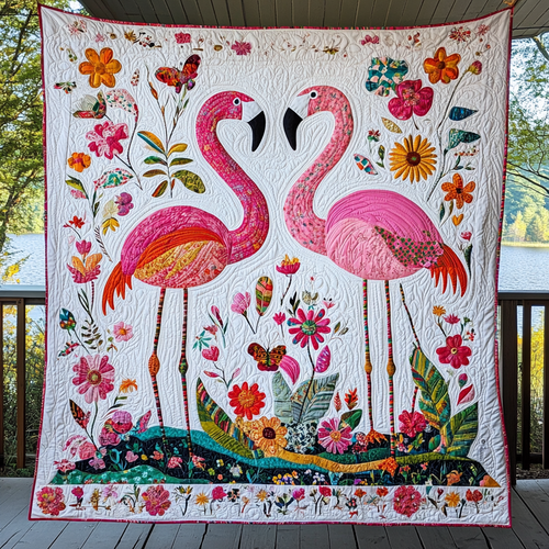 Delightful Cheerful Flamingo Quilted Blanket