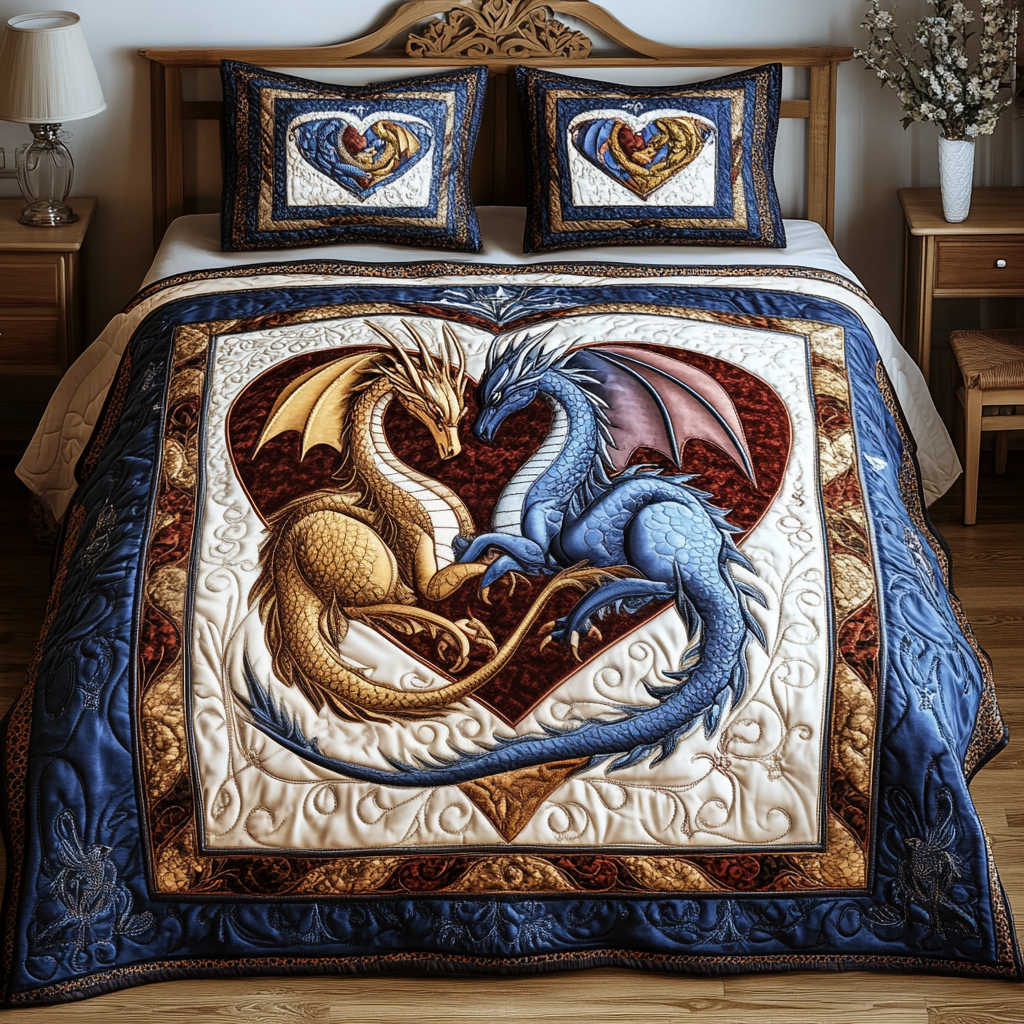 Dragon Couple 3-Piece Quilted Bedding Set
