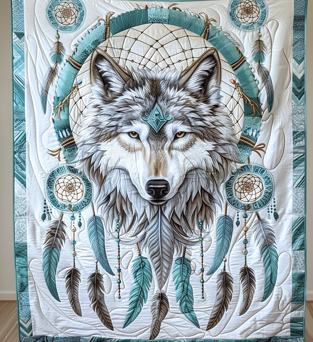 Dreamcatcher Spirit Wolf Quilted Blanket