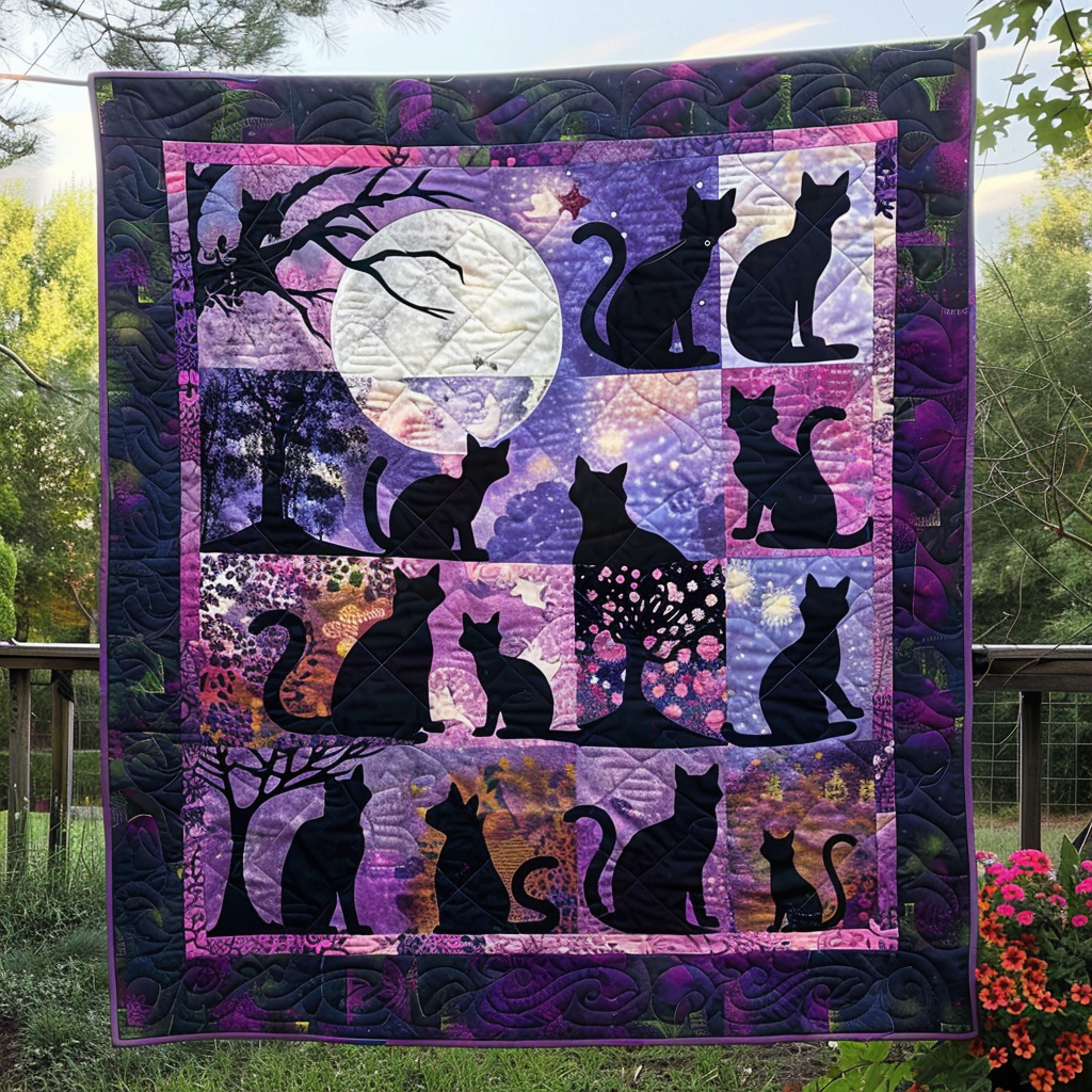 Dreamy Night Black Cats Quilted Blanket