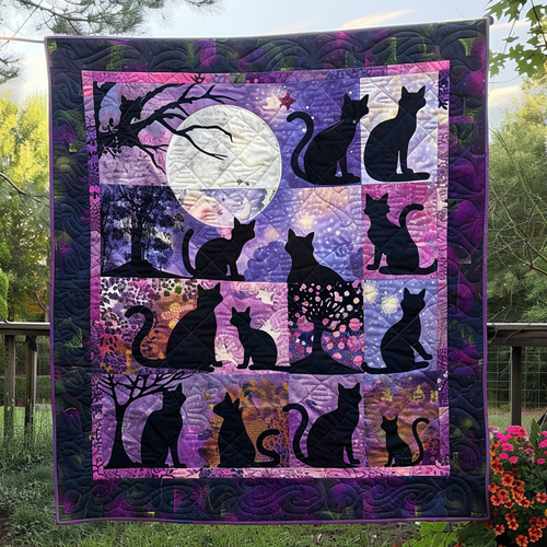 Dreamy Night Black Cats Quilted Blanket