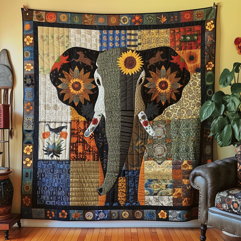 Earthy Sunflower Elephant Quilted Blanket