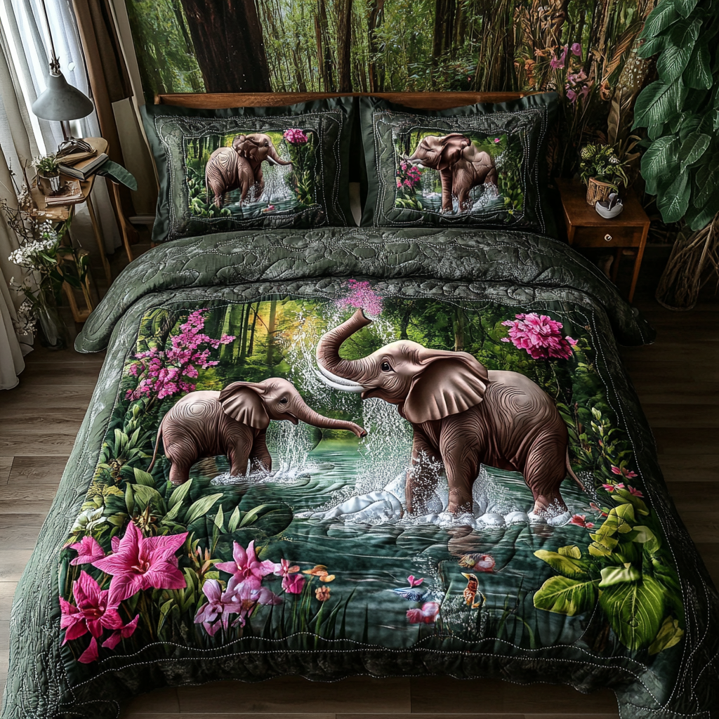 Elephant Journey 3-Piece Quilted Bedding Set