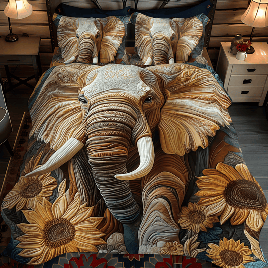 Elephant Sunflower March 3-Piece Quilted Bedding Set