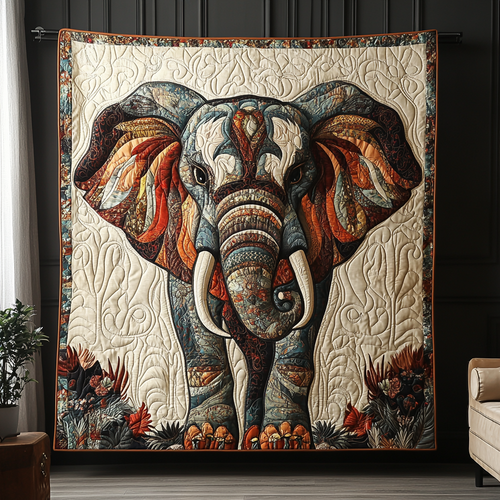 Elephant Sunset Stroll Quilted Blanket