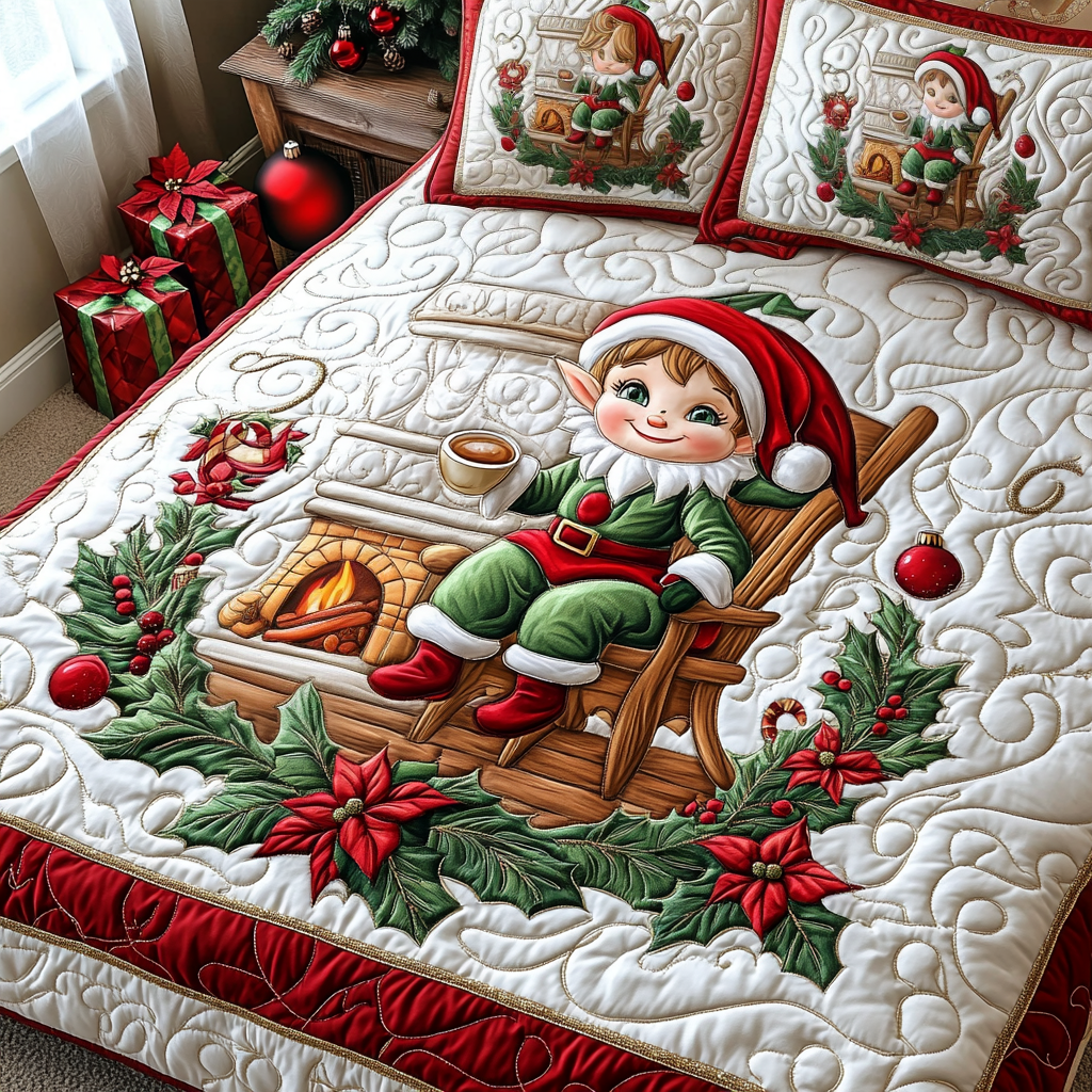 Elf by the Fireplace 3-Piece Quilted Bedding Set