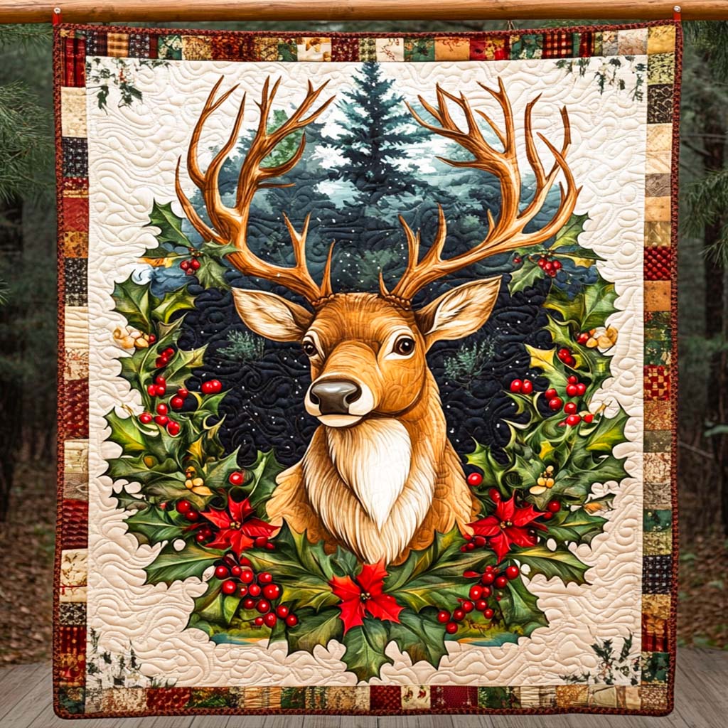 Enchanted Winter Elk Quilted Blanket