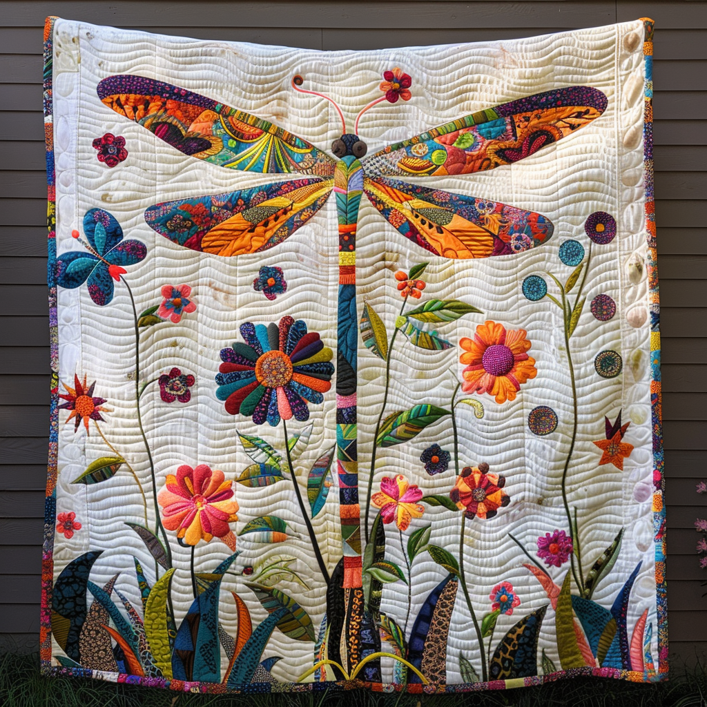 Enchanting Floral Dragonfly Quilted Blanket