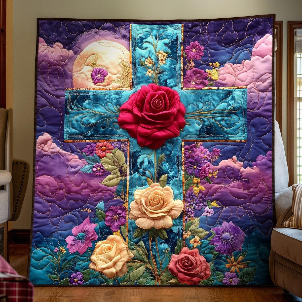 Eternal Blossom Cross Quilted Blanket