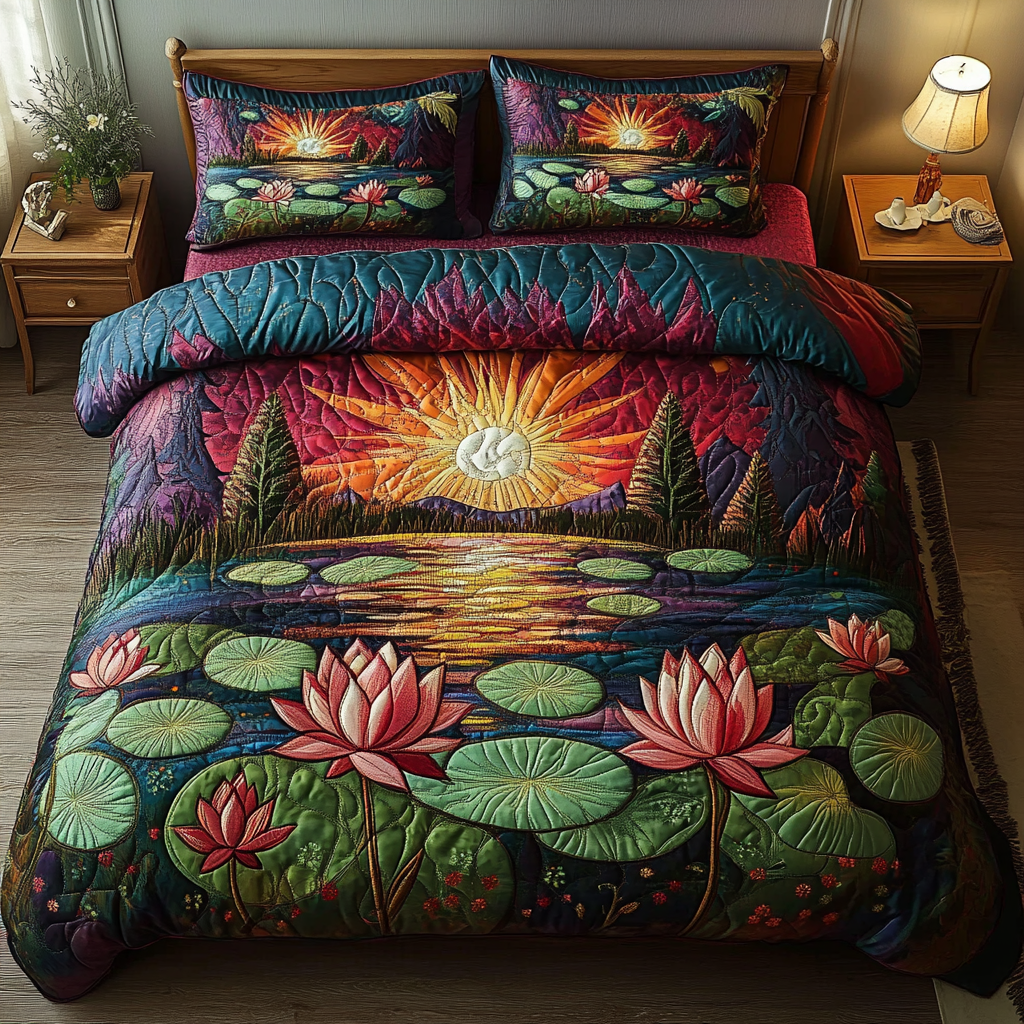 Ethereal Lotus 3-Piece Quilted Bedding Set
