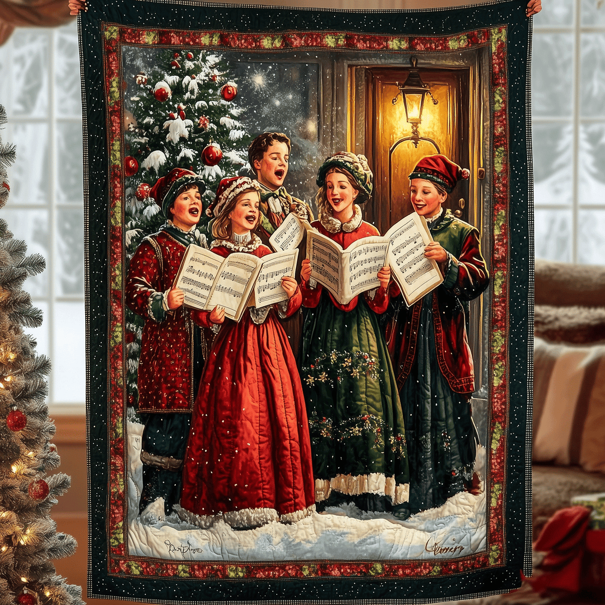 Family Caroling Delight Quilted Blanket
