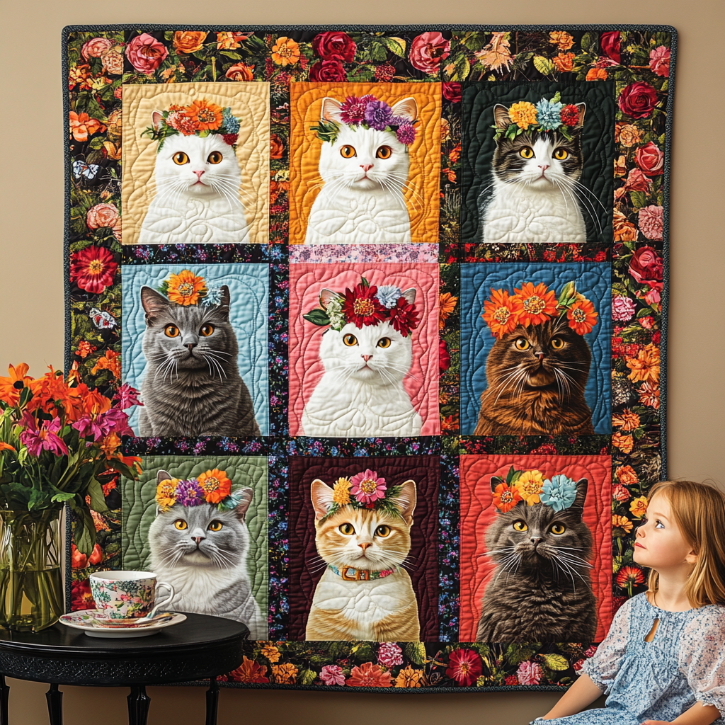 Feline Blossom Beauty Quilted Blanket