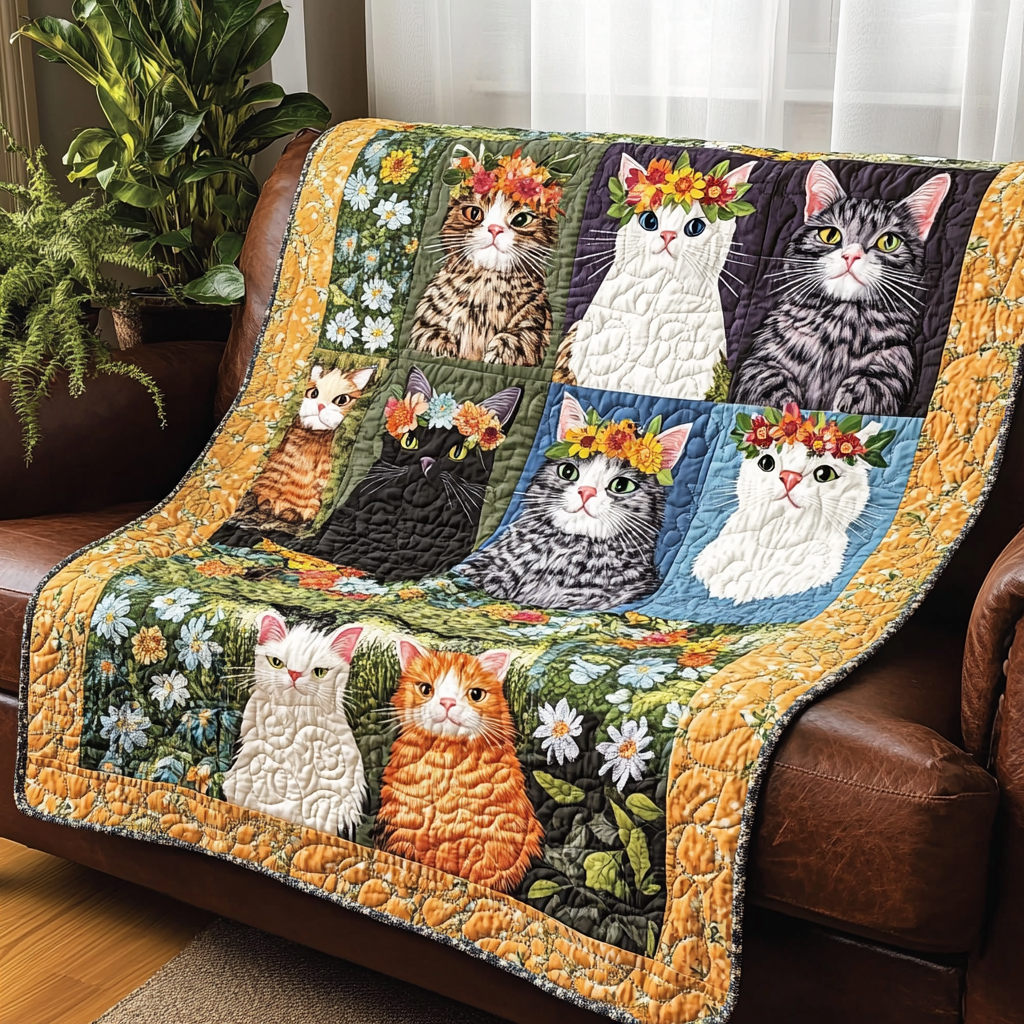 Feline Garden Quilted Blanket