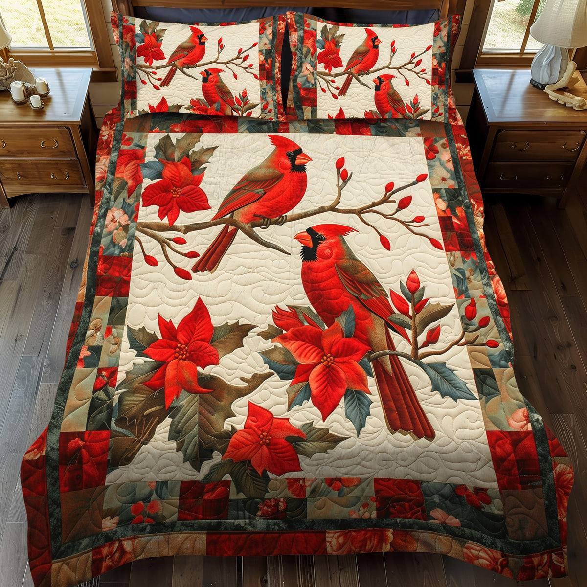 Festive Cardinal 3-Piece Quilted Bedding Set