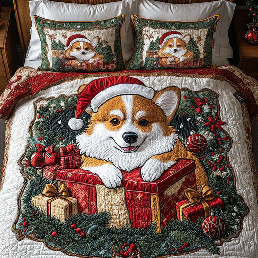 Festive Corgi 3-Piece Quilted Bedding Set