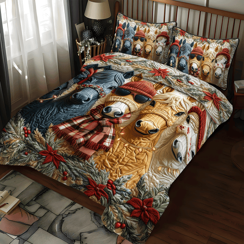 Festive Christmas Horse 3-Piece Quilted Bedding Set