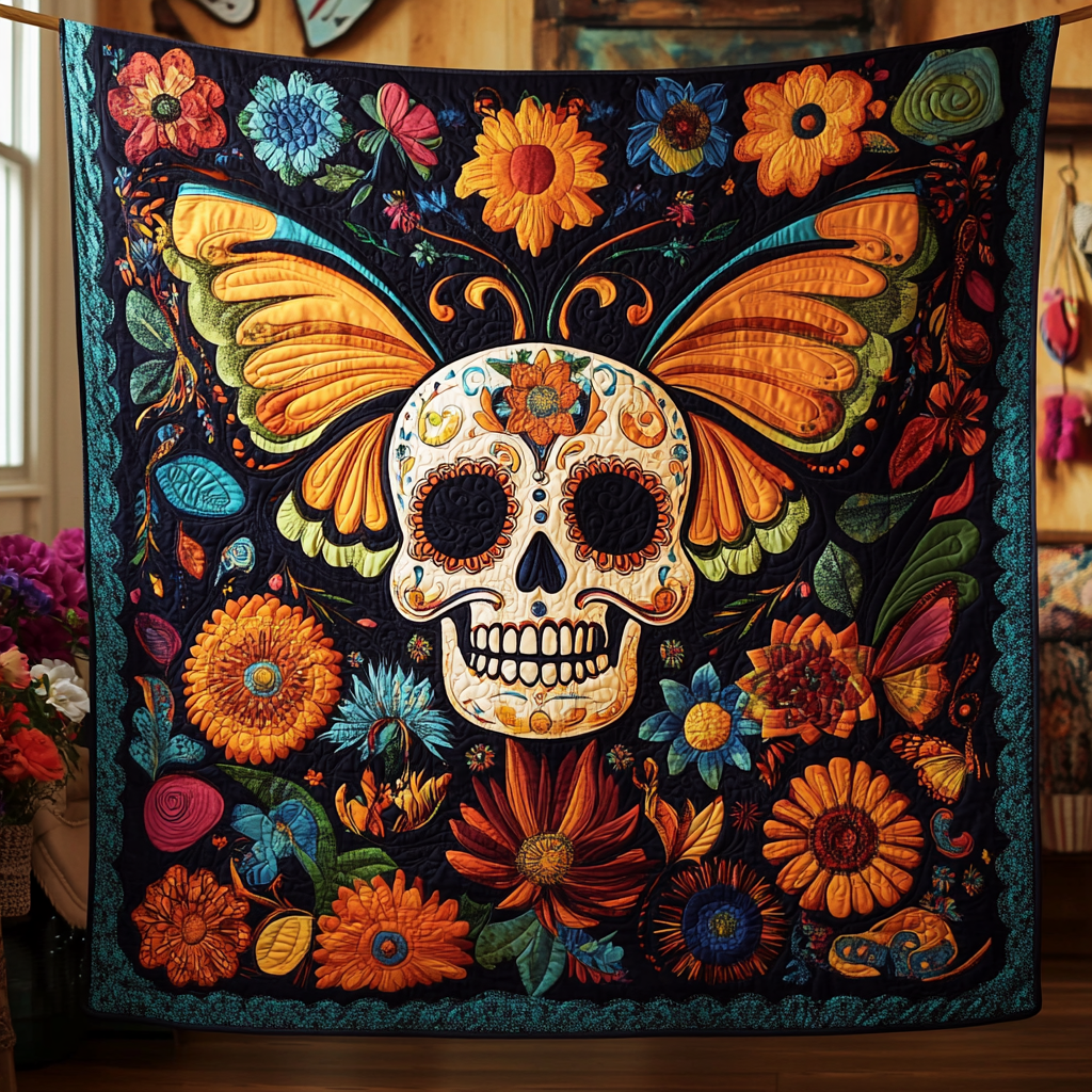 Festive Floral Sugar Skull Quilted Blanket