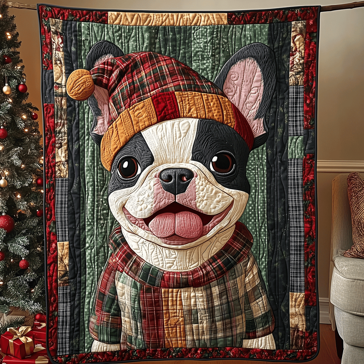 Festive Frenchie Joy Quilted Blanket